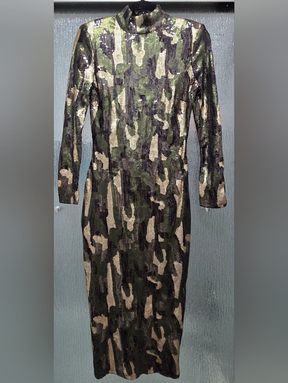 Zara Kahki Sequin Camo Bodycon High Neck Long Sleeve Midi Event Dress Size Small - Picture 2 of 14
